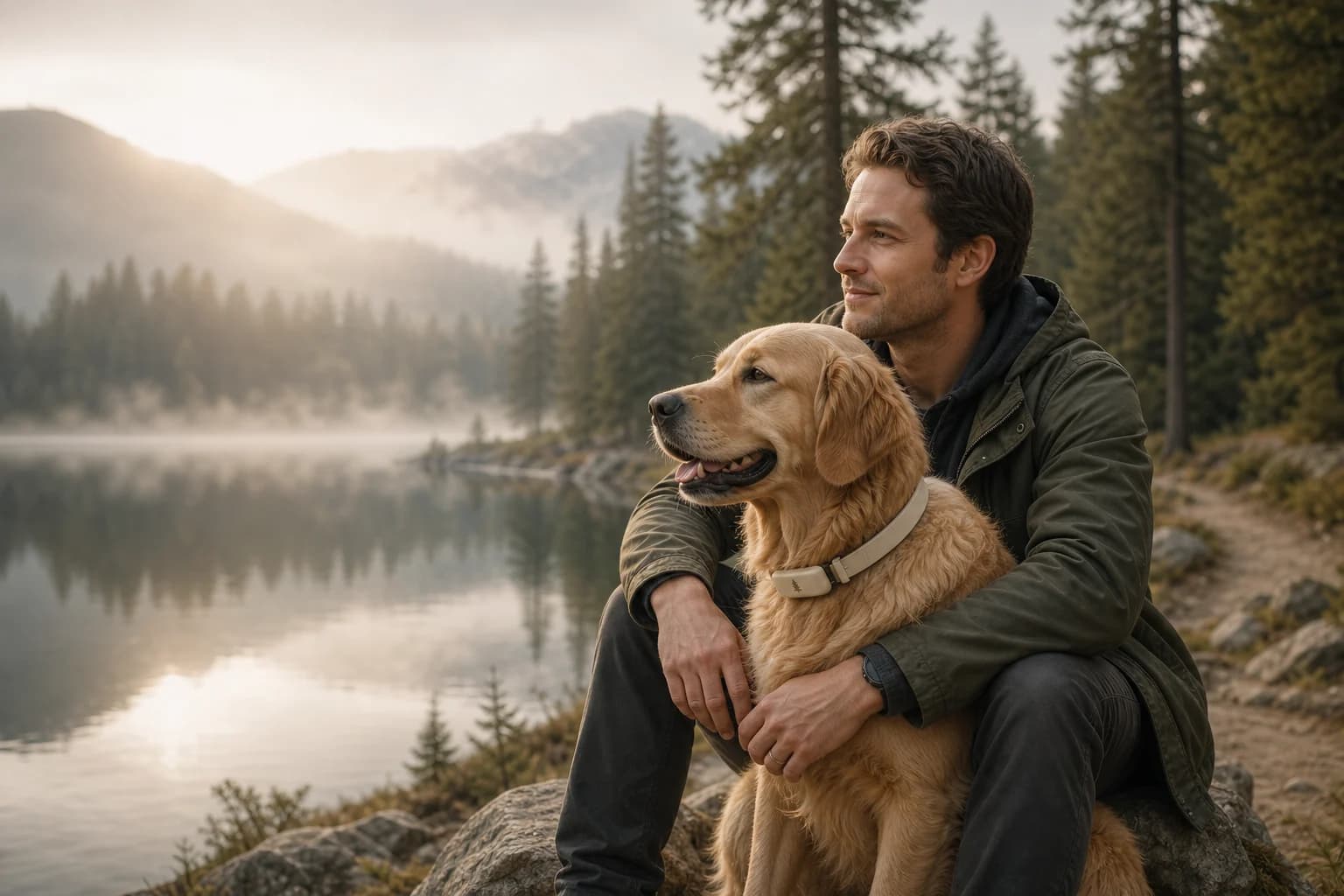 Cedar founder with a golden retriever by a misty lake